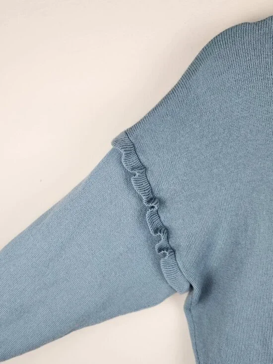 Rebecca Taylor 100% Merino Wool Ruffle Trim Mockneck Sweater Blue sz S *read* - Picture 4 of 11